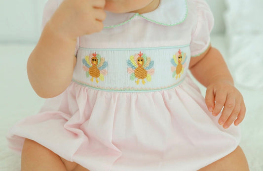 Hand smocked turkey bubble (bow ties in back)