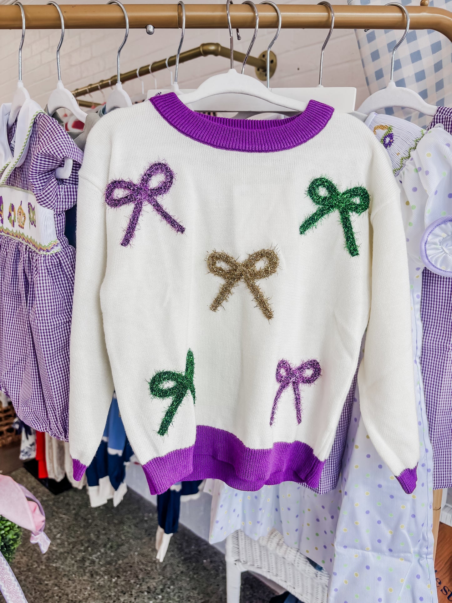 Girls Mardi Gras Bow Sweater