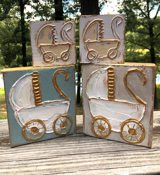 Baby Carriage handmade textured wood block