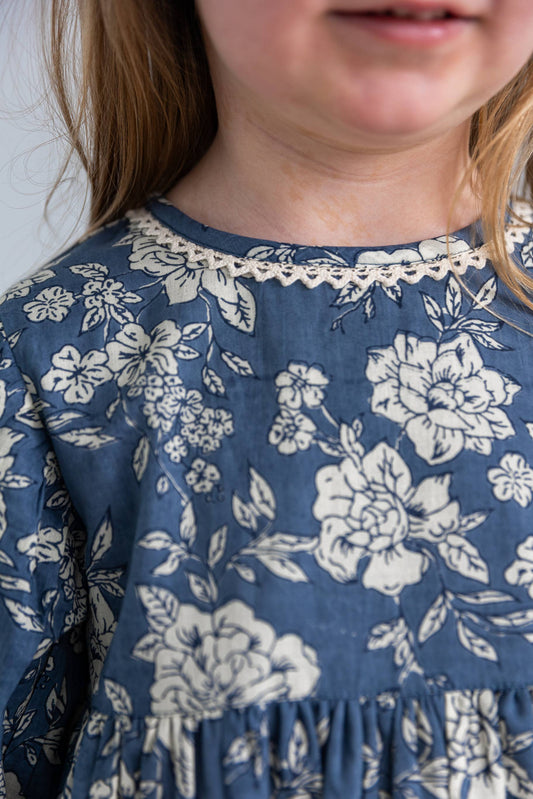 Grey Floral Printed Neck & Bottom Lace Long Sleeves Gathered : Infant : Baby : Toddler : Tween : Kids