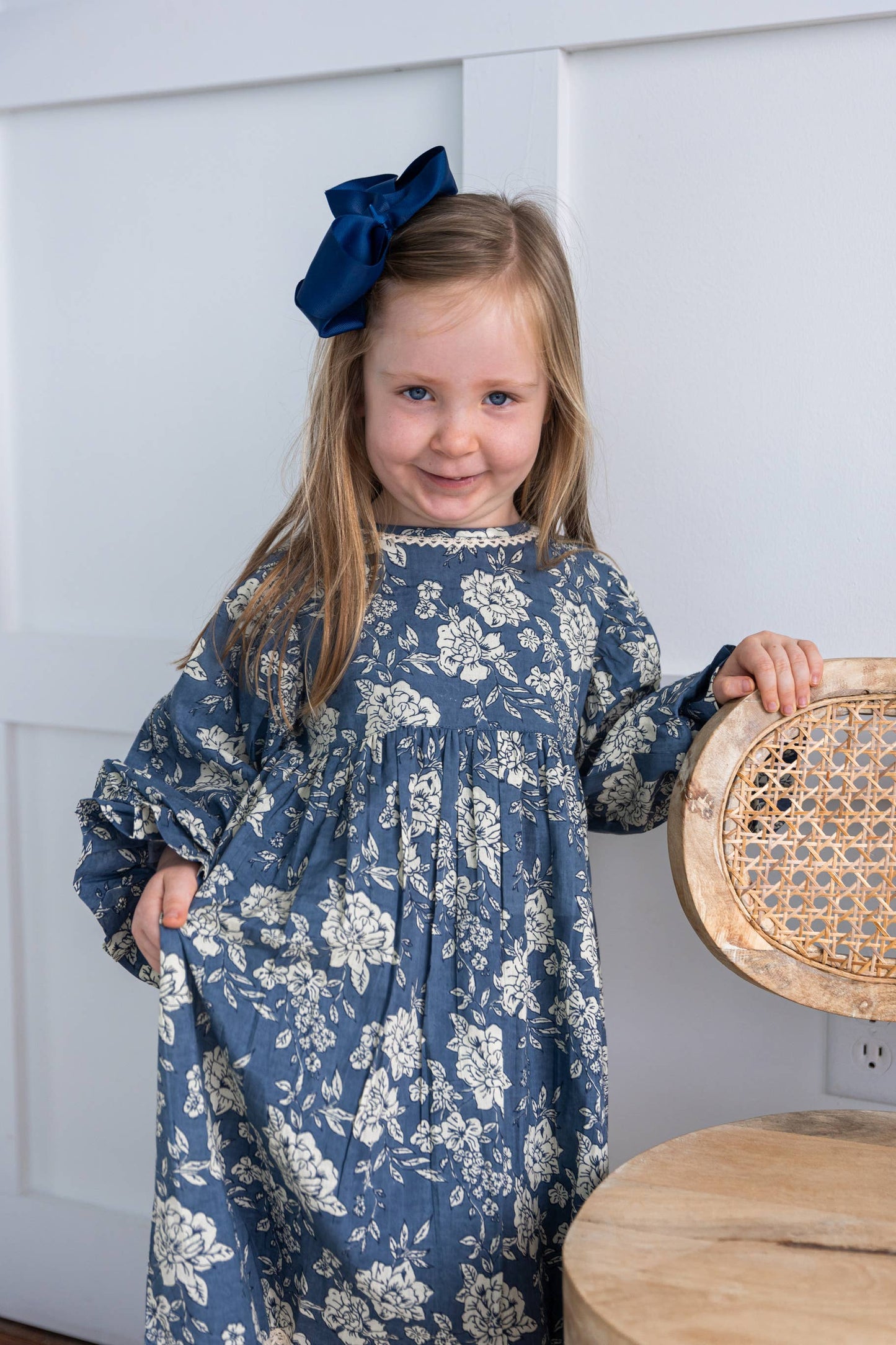 Grey Floral Printed Neck & Bottom Lace Long Sleeves Gathered : Infant : Baby : Toddler : Tween : Kids