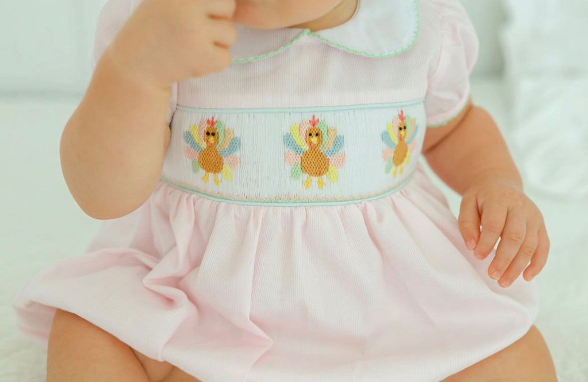 Hand smocked turkey bubble (bow ties in back)