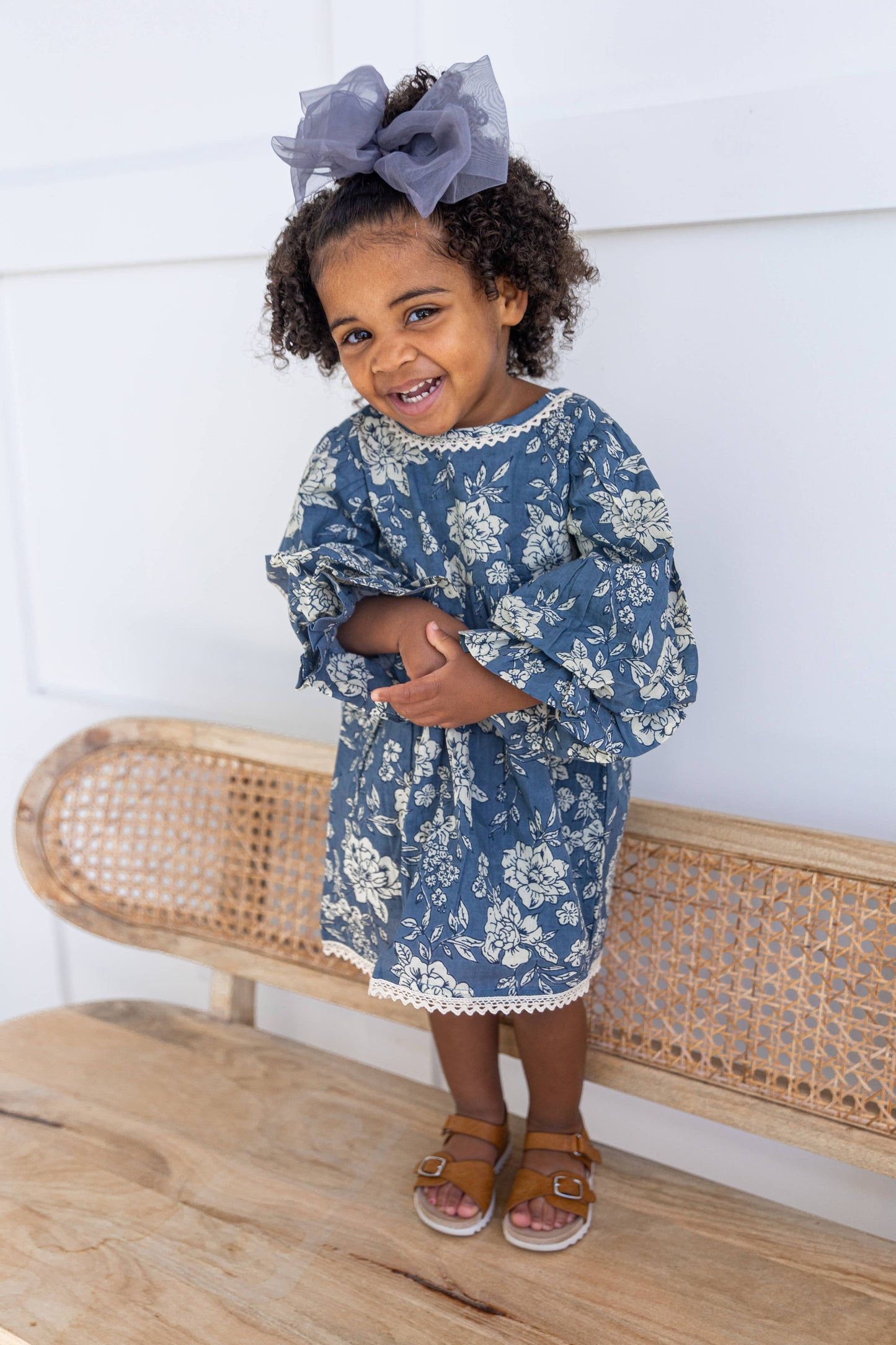 Grey Floral Printed Neck & Bottom Lace Long Sleeves Gathered : Infant : Baby : Toddler : Tween : Kids