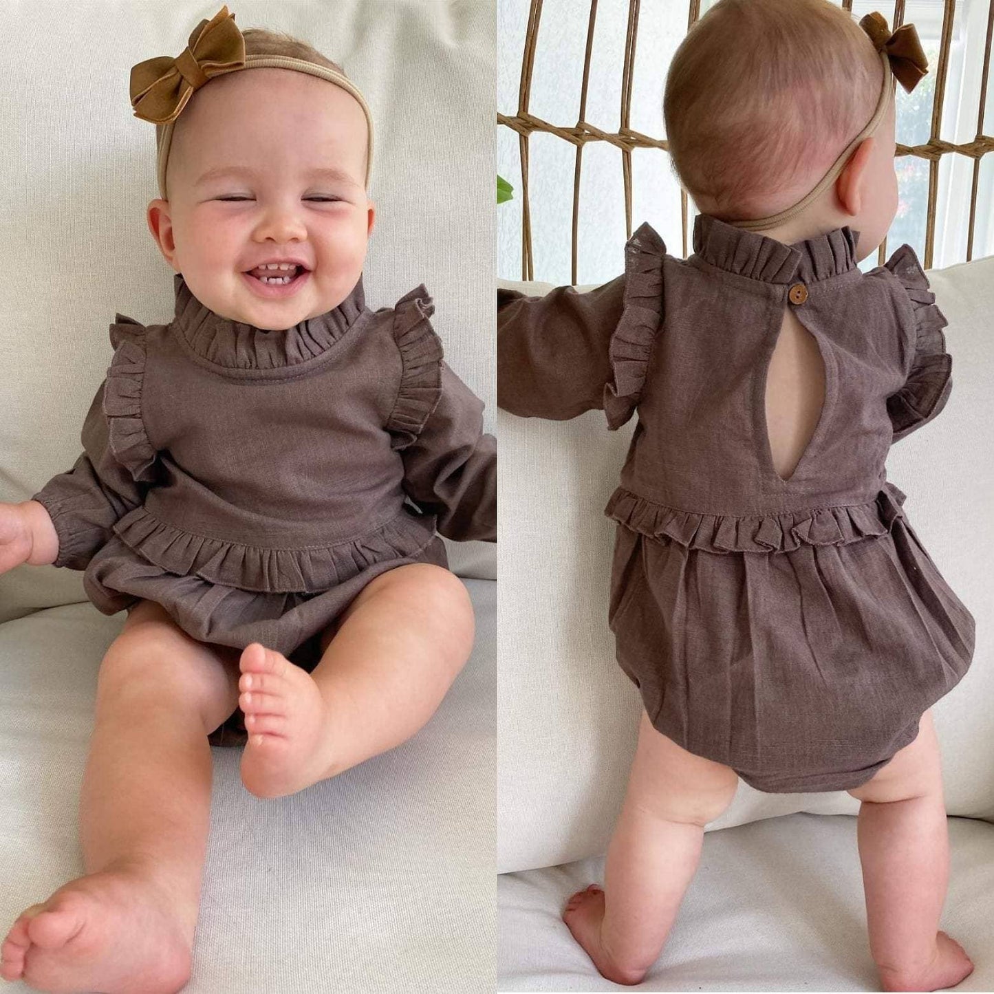 Chocolate Brown Full-Sleeves Ruffles Infant Romper : Infant : Baby