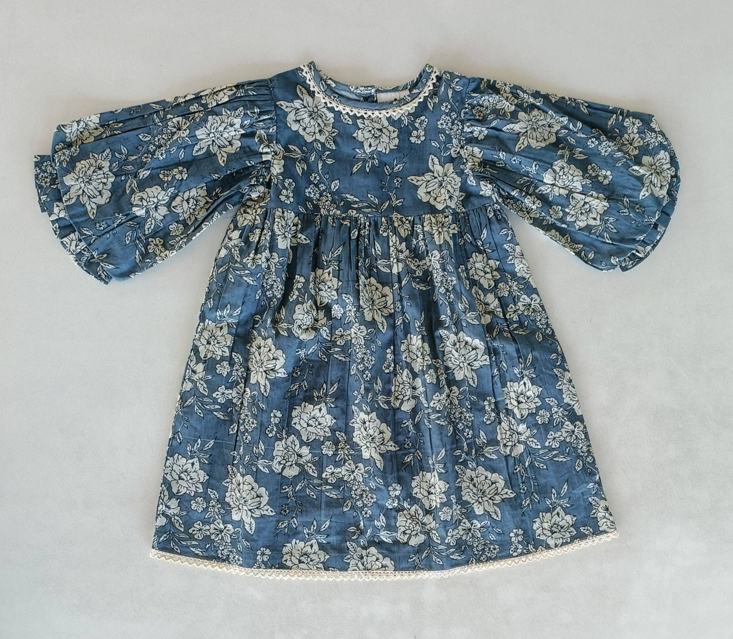 Grey Floral Printed Neck & Bottom Lace Long Sleeves Gathered : Infant : Baby : Toddler : Tween : Kids
