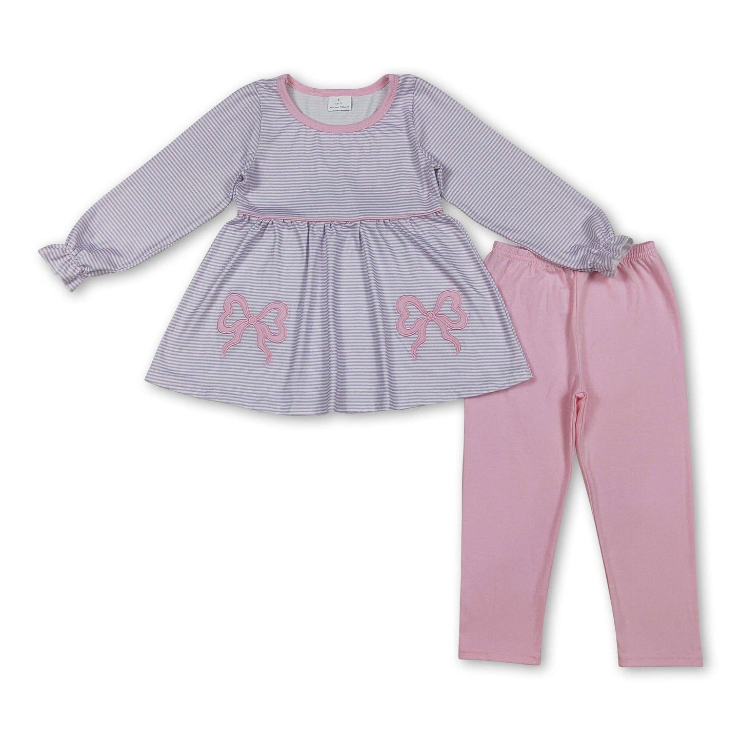 Long sleeves stripe bow pink leggings set
