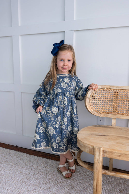 Grey Floral Printed Neck & Bottom Lace Long Sleeves Gathered : Infant : Baby : Toddler : Tween : Kids