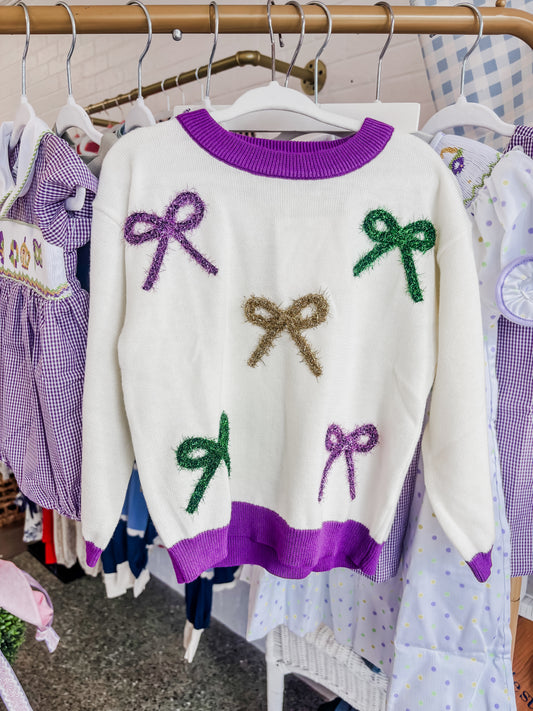 Girls Mardi Gras Bow Sweater