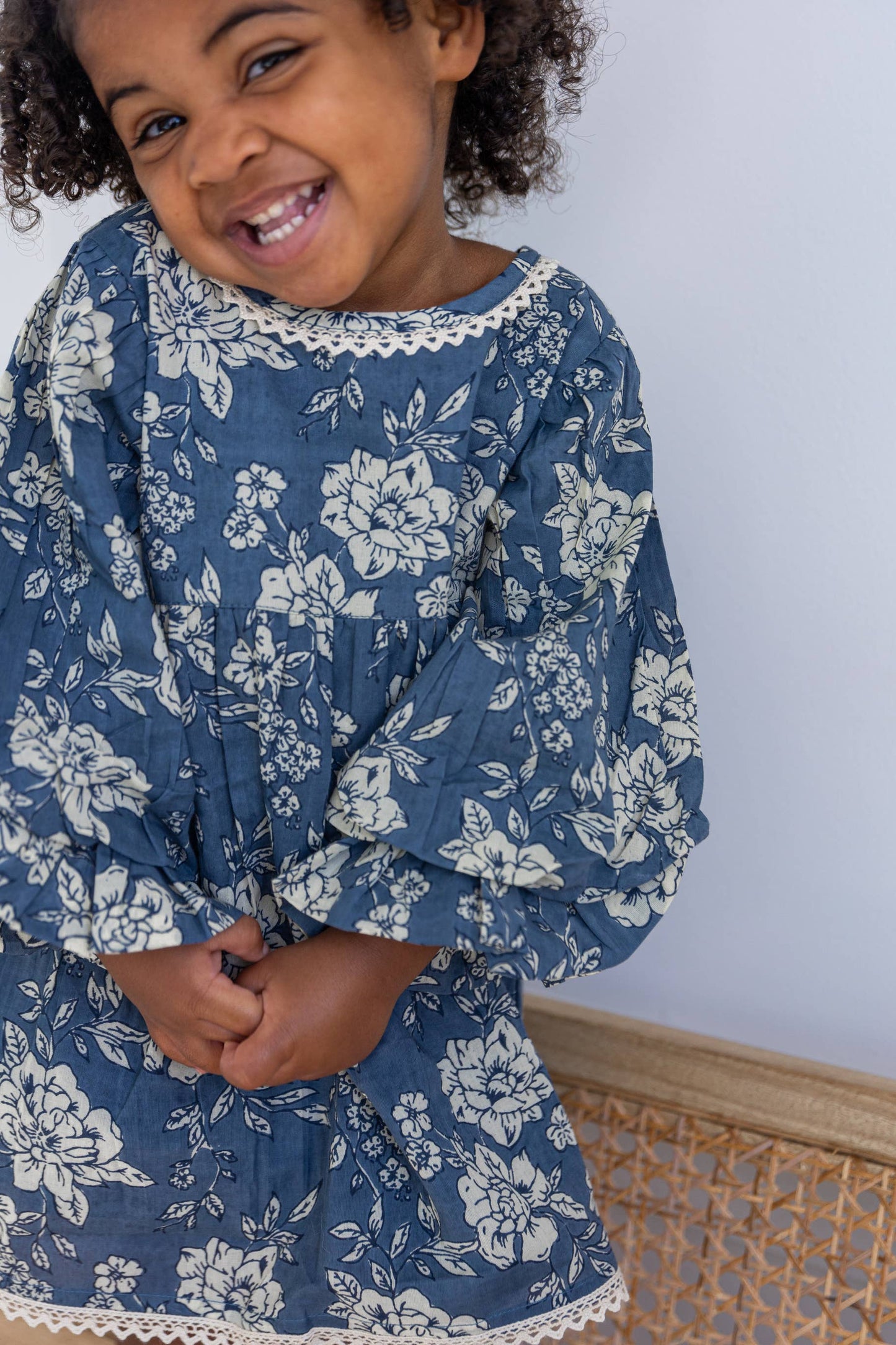 Grey Floral Printed Neck & Bottom Lace Long Sleeves Gathered : Infant : Baby : Toddler : Tween : Kids