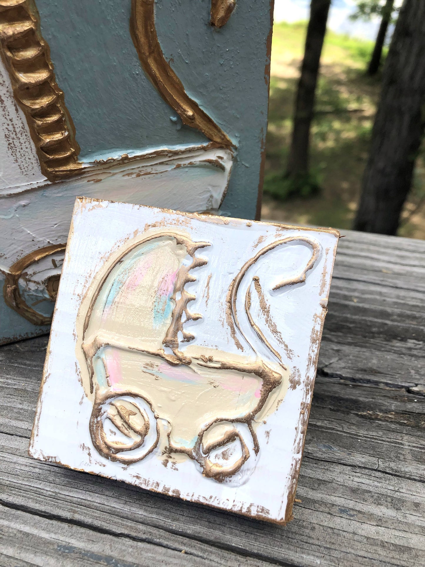Baby Carriage handmade textured wood block