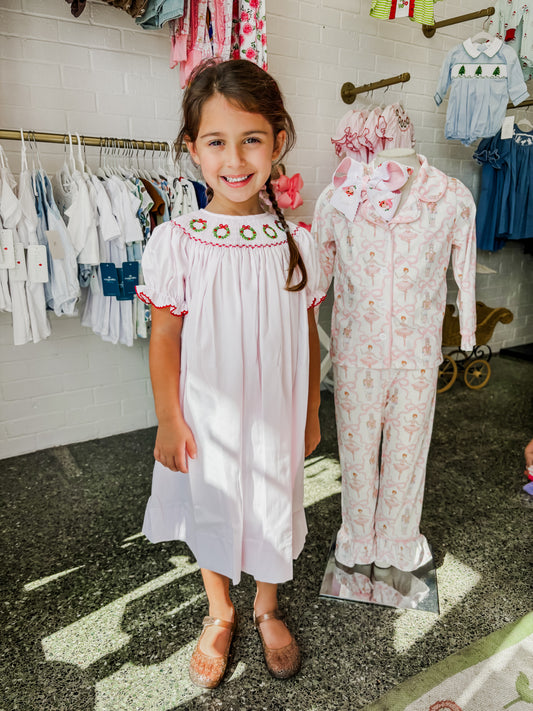 Christmas wreath smocked dress