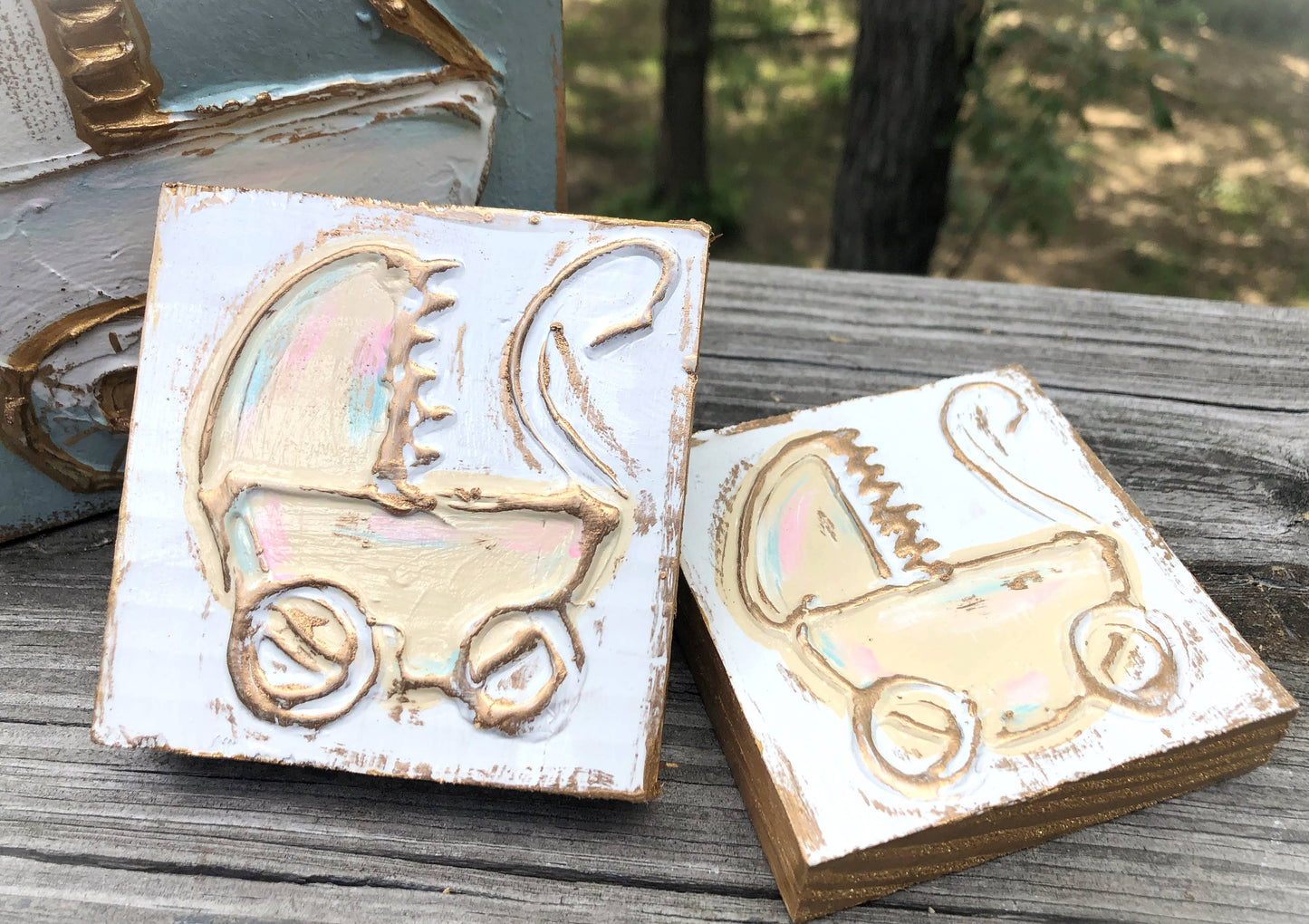Baby Carriage handmade textured wood block