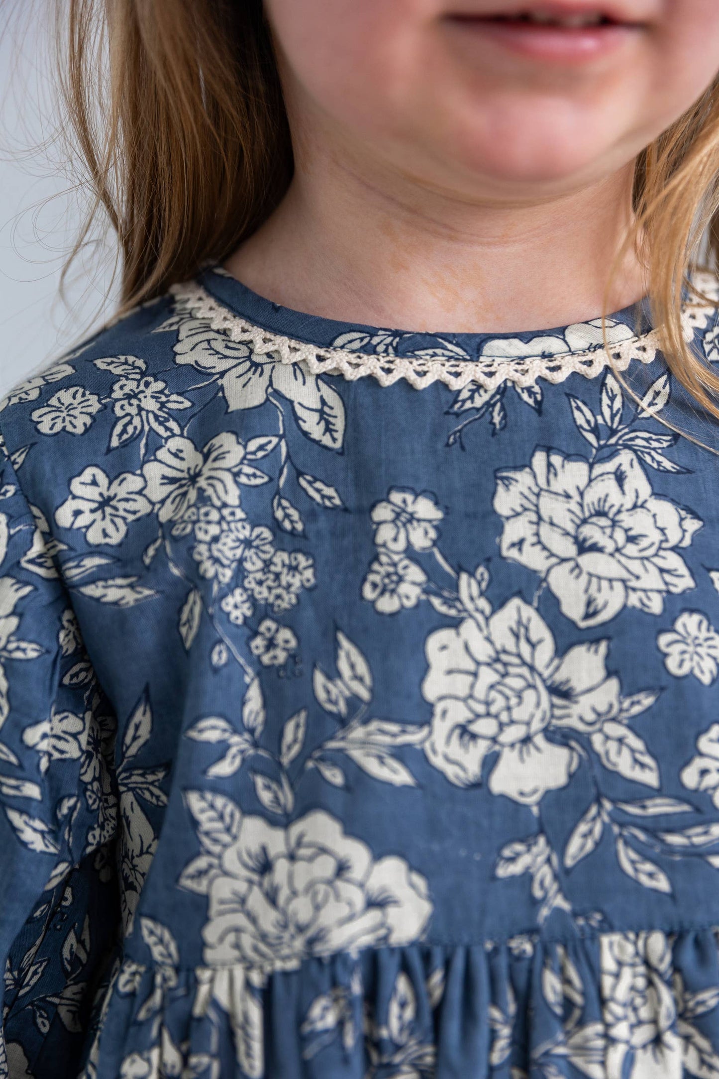 Grey Floral Printed Neck & Bottom Lace Long Sleeves Gathered : Infant : Baby : Toddler : Tween : Kids