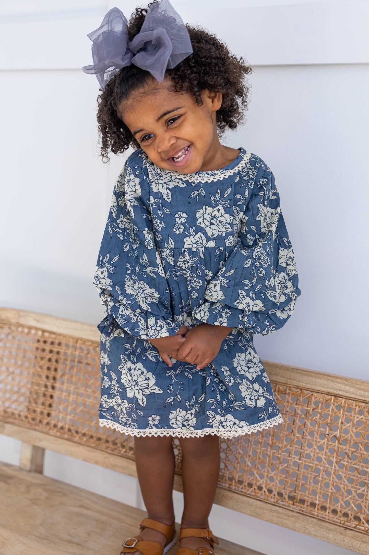 Grey Floral Printed Neck & Bottom Lace Long Sleeves Gathered : Infant : Baby : Toddler : Tween : Kids
