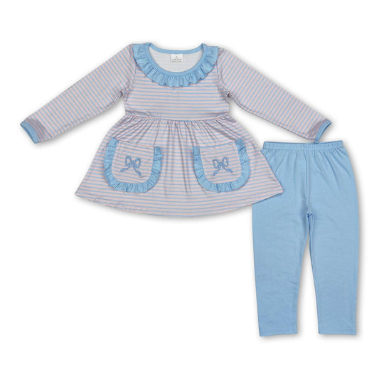 Long sleeves stripe bow pink leggings set