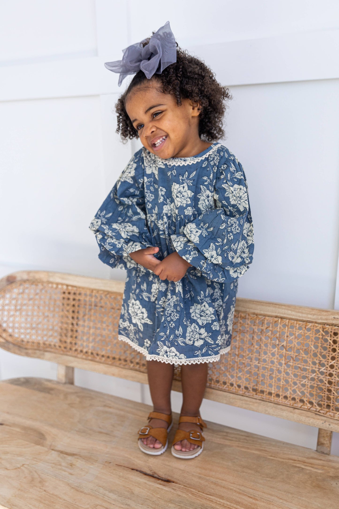Grey Floral Printed Neck & Bottom Lace Long Sleeves Gathered : Infant : Baby : Toddler : Tween : Kids