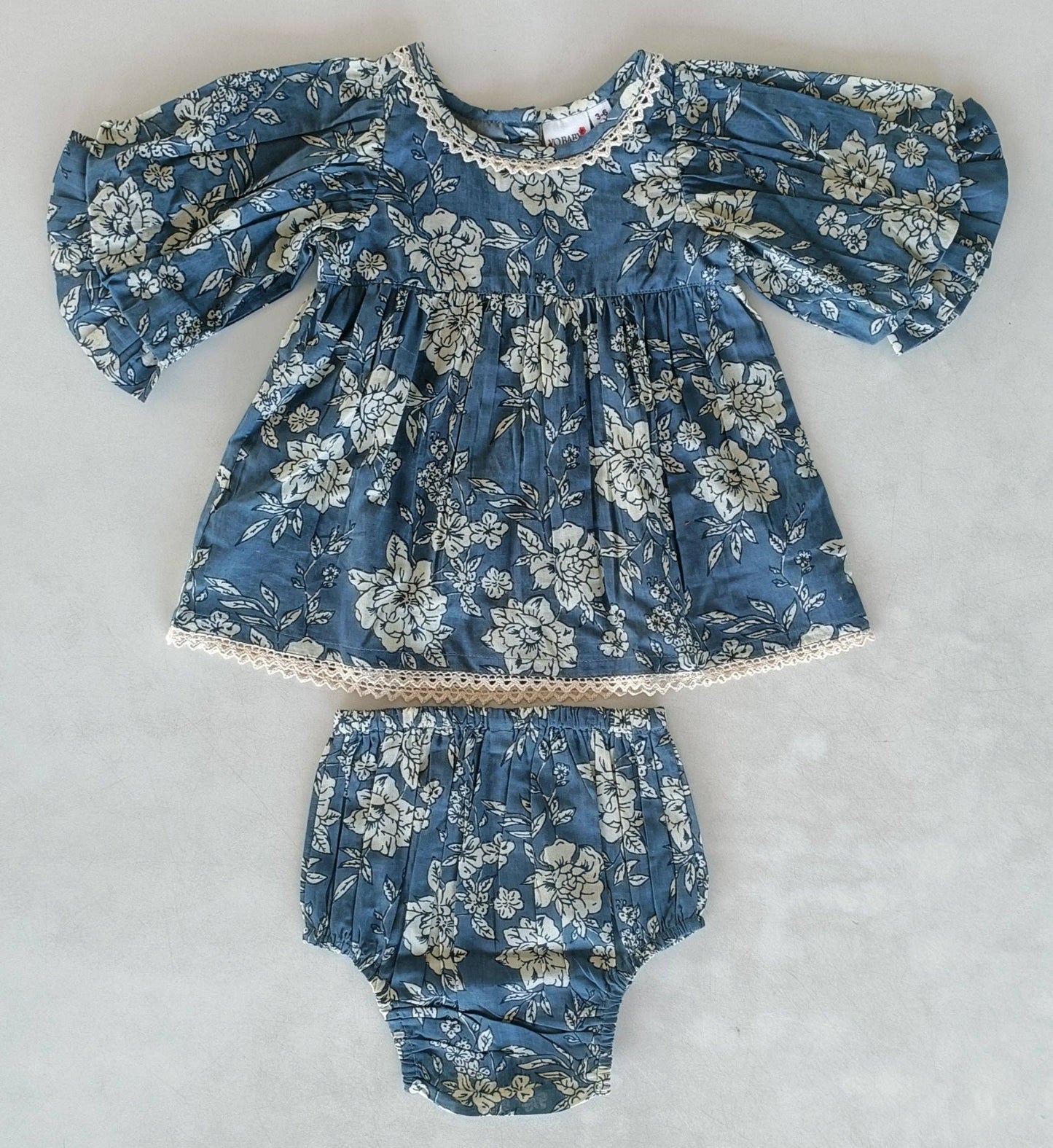 Grey Floral Printed Neck & Bottom Lace Long Sleeves Gathered : Infant : Baby : Toddler : Tween : Kids