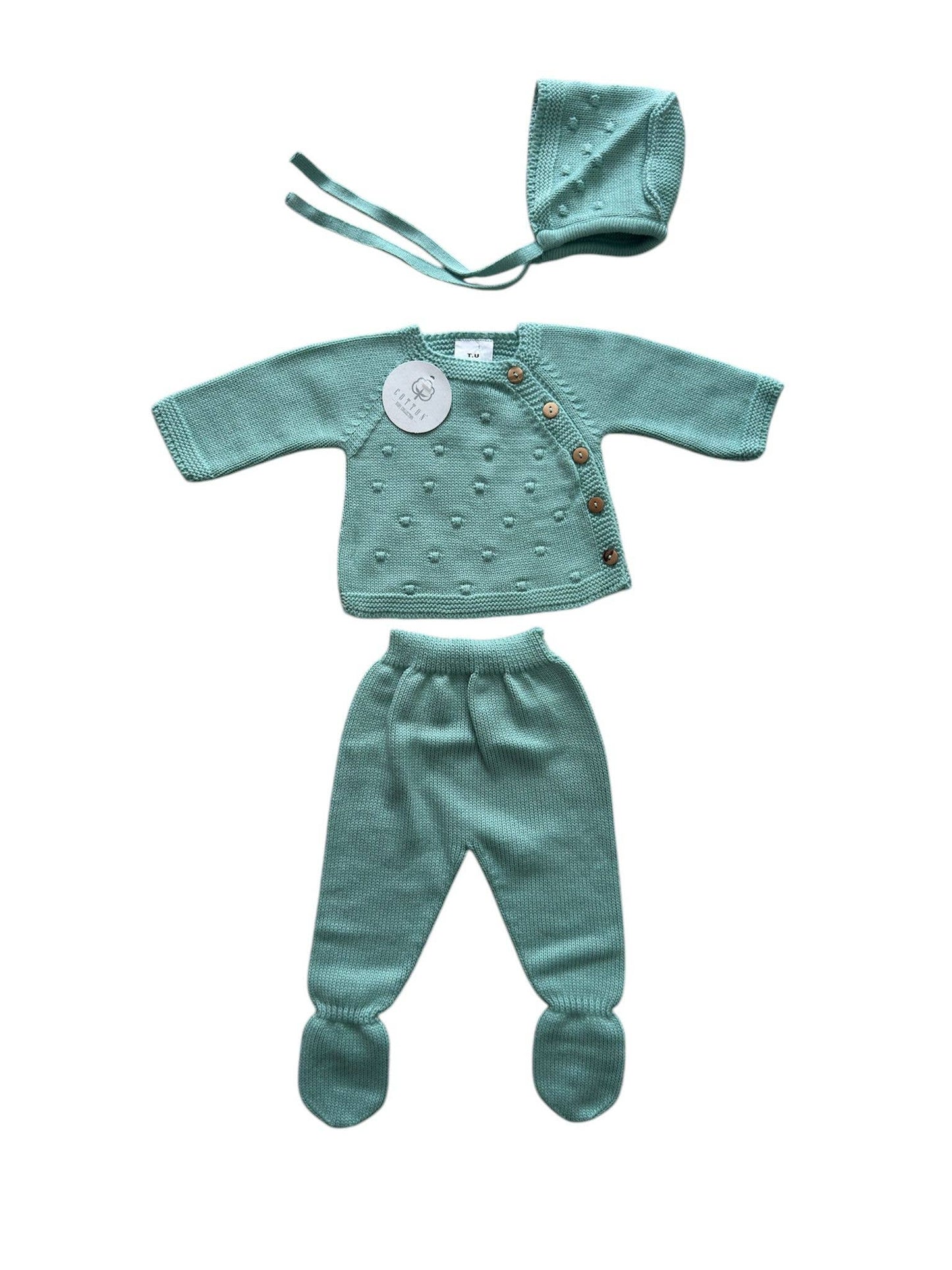 Green 3-piece baby knit set Pipoca