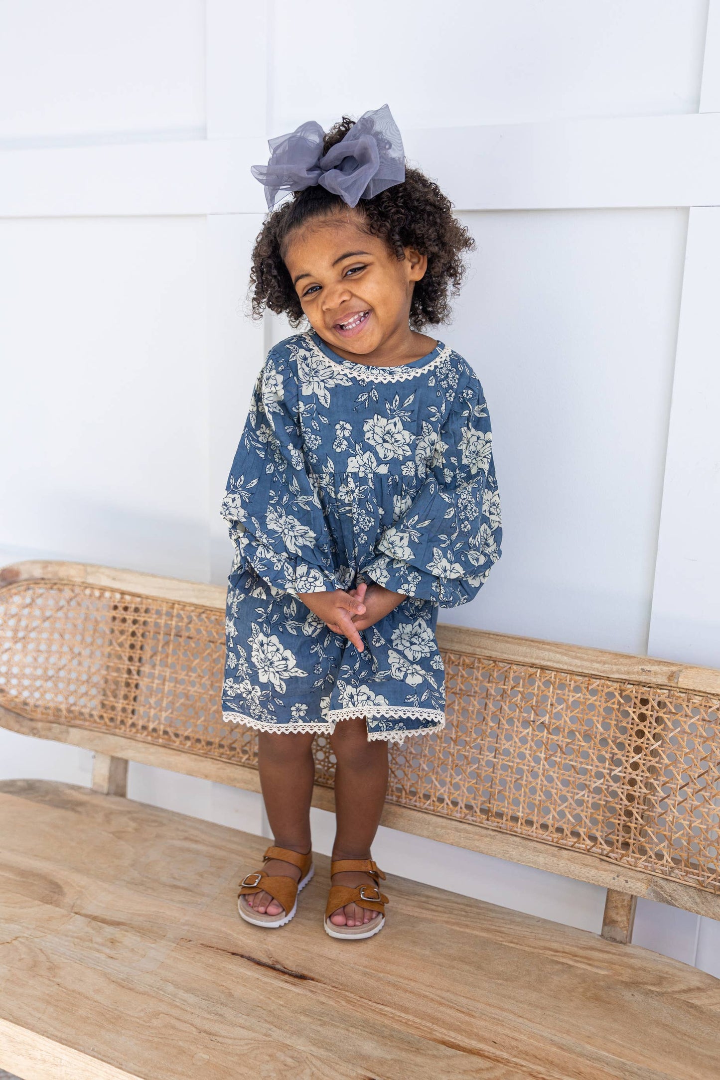 Grey Floral Printed Neck & Bottom Lace Long Sleeves Gathered : Infant : Baby : Toddler : Tween : Kids