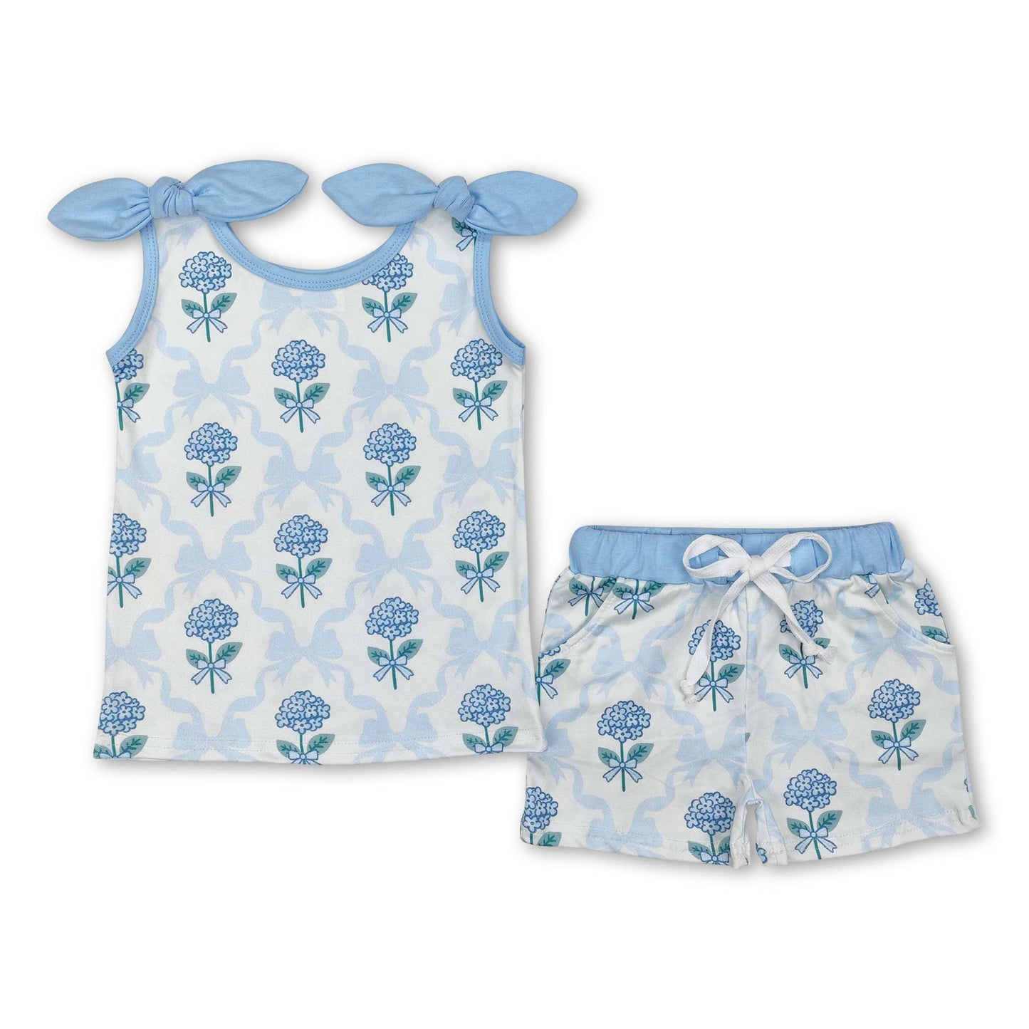 Sleeveless light blue bow floral baby girls athletic dresses